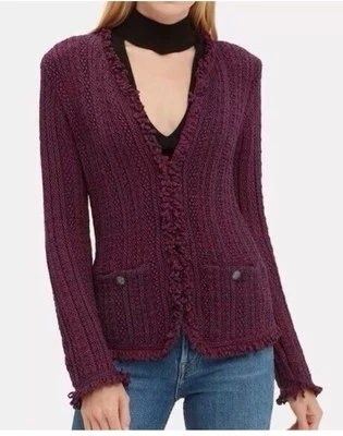 Cardigã Intermix tweed blazer suéter tamanho 0 salpicado borgonha officecore franja - Imagem 1 de 4