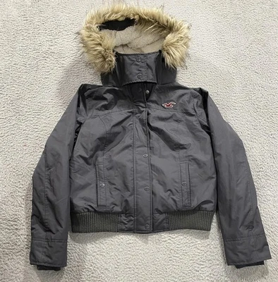 Jaqueta Hollister Feminina XL Cinza All Weather Capuz de Pele Sintética Forrada Sherpa VTG Y2K - Imagem 1 de 4
