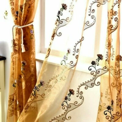 Embroidery Flower Red Blue Yellow Sheer Curtain Elegant Voile Window Tulle 63/84 - Image 1 of 4