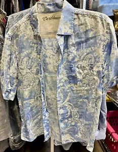 Camicia Caraibica Stile Hawaii Lino Bottoni Blu Uomo Taglia M - Usata - Foto 1 di 4