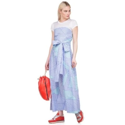 ERIKA CAVALLINI Azul Multi Rayas Calce y Acampanado Cintura Corbata Camiseta Vestido Midi 40 Foto 1 de 4