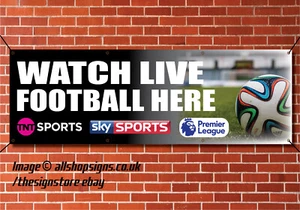 Sky Sports TNT Sport striscione stampato cartello bar pub LIVE FOOTBALL SPORT QUI - Foto 1 di 1