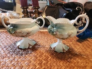 Crema pedestal vintage RS PRUSSIA y azúcar FLORAL adornado con cuentas dorado sin tapa - Imagen 1 de 12