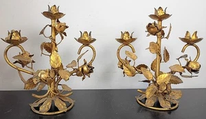 50er Paar Hollywood Regency Rosegold Italienisch Vergoldet Kerzenständer Florentine Tole - Bild 1 von 7