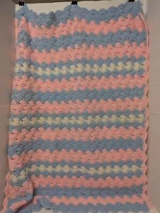 Handmade Crochet Blue Pink White Lap Blanket Baby Blanket Afghan - Picture 1 of 7