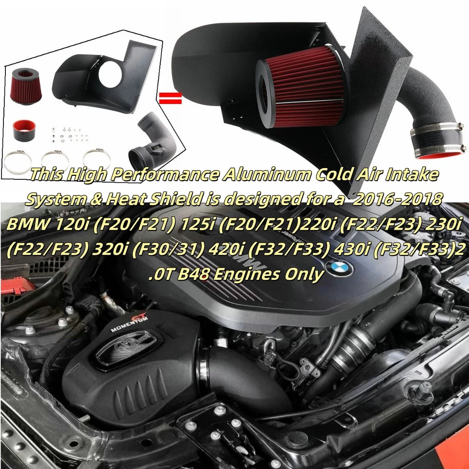 3" Cold Intake Kit&Filter+Heat Shield For 16-18 BMW 430i F32/F33 2.0T B48 Engine - Изображение 1 из 4