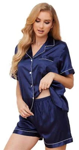 Soft Satin Pajama Set for Women - Short Sleeve Button Down Two-Piece PJs - Picture 1 of 9