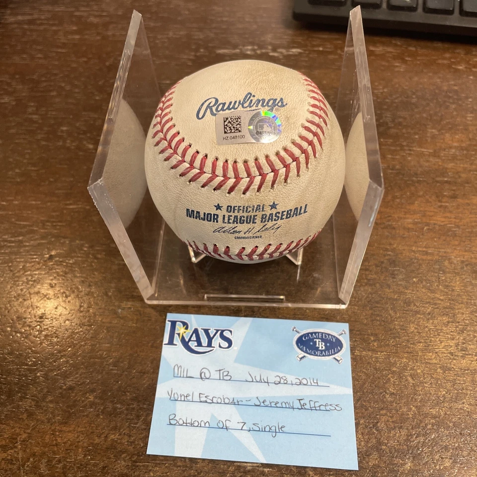 Cerveceros Vs Rays 7/8/14 MLB Auténtico Juego Pelota Yunel Escobar Único Jeffress Foto 1 de 2