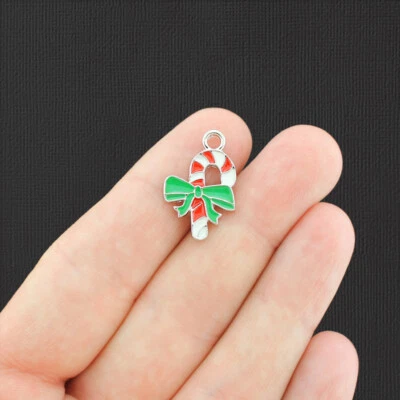 2 dijes de bastón de caramelo tono plata y esmalte rojo blanco y verde - E783 Foto 1 de 2