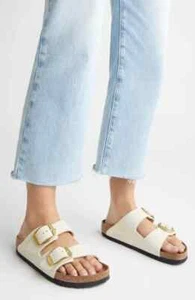 NWOT BIRKENSTOCK ARIZONA BIG BUCKLE SLIDE SANDALS LEATHER ECRU SZ 5-5.5US/ 36EU - Picture 1 of 13