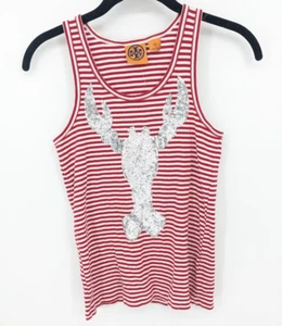 Tory Burch Tank Top Womens Small Red Striped Sequin Lobster Nautical Coastal - Picture 1 of 11