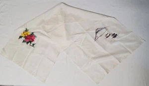 Vintage Ivory Silk Scarf Embroidered Asian Mountain Boats PinkYellow Flower18x52 - Picture 1 of 11
