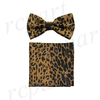 New Men's Pre-tied Bow Tie & Pocket Square Hankie set leopard brown black formal - Image 1 of 3