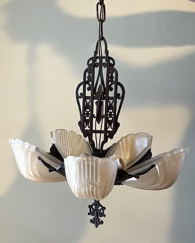 Original Art Deco Slip Shade 1930's Markel 5 Light Glass Metal Chandelier Cover