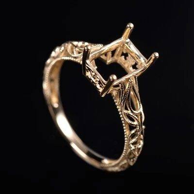 Vintage Filigree Engagement Women Milgrain Ring Semi Mount Emerald Cut 14KY Gold - Image 1 of 4