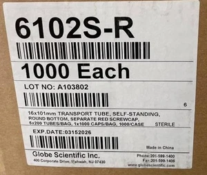 Estuche de 1000 tubos de transporte autónomos Globe Scientific 10 ml 6102S-R - Imagen 1 de 1