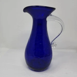 Vintage MCM Blenko Cobalt Blue Crackle Glass Pitcher Decanter Vase 9.75” Barware - Picture 1 of 15