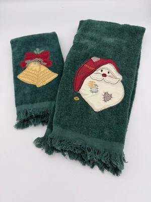 Vintage Christmas Holiday Santa Hand Towel And Fingertip Bells Towel Green￼ - Image 1 of 4