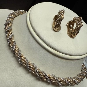 NAPIER VINTAGE CHUNKY TWISTED GOLD/SILVER TONE ROPE/CHAIN NECKLACE BRACELET SET - Picture 1 of 5