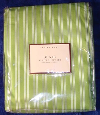 SÁBANA PLANA + FUNDA DE ALMOHADA Pottery Barn Twin Blair Stripe - Algodón verde y blanco Foto 1 de 4