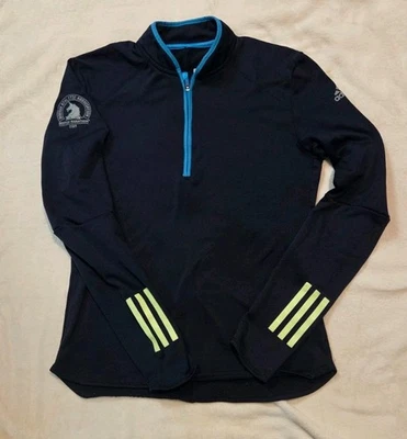 2019 波士顿马拉松女式阿迪达斯长袖 1/4 拉链蓝色跑步衬衫小号 — 第 1/4 张图片