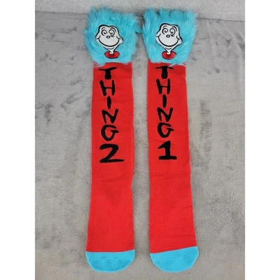 Dr Seuss Cosa 1 Cosa 2 Calcetines Hasta la Rodilla Personaje Difuso Disfraz Rojo Azul Foto 1 de 3