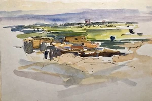 Pintura de acuarela vintage pueblo egipcio desierto abstracto artista listado - Imagen 1 de 6