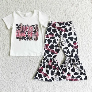 Girls Cow Print Short Sleeve Shirt Bell Pants Set 2pcs Outfit Chick-Fil-A - Picture 1 of 1