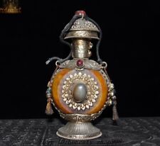 8"Old Tibet Temple Beeswax inlay Tibetan Silver Gem eight treasures snuff bottle