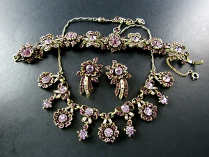 Vintage Hollycraft Halskette Armband Ohrringe Set Lila Strasssteine - Bild 1 von 9
