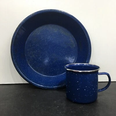 Vintage Speckled Blue Enamel Plate 9.5” And Cup 3.5”x3” - Camping Hiking Rustic - Image 1 of 4