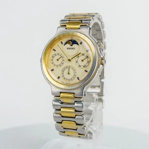 SEIKO 7F38-6040 Men's Quartz Watch Moon Phase Day Date Japan Made #1776 - Picture 1 of 15