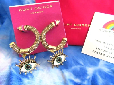 KURT GEIGER LONDON Evil Eye Charm Rope Amber Crystal Hoop Earrings NWT - Image 1 of 4