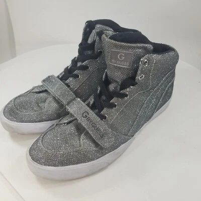 Mujer Guess 9 Plata Brillo Alto Tenis Zapatos Gris G Logo Foto 1 de 4