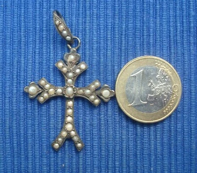 C5 RARE Croix Pendentif Ancien Argent Massif Perle Lot Bijou Régional XIXe - Photo 1/3