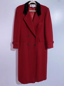 VTG Evan Picone Overcoat 14 Red Wool Long Trench Coat Holidays Christmas Velvet - Picture 1 of 23