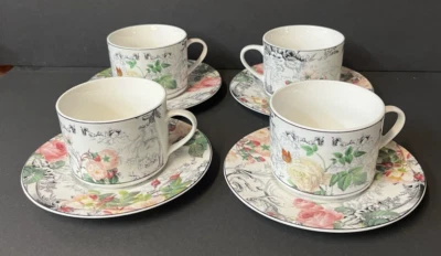 Conjunto de 4 NOVOS xícaras e pires American Atelier ROSE TOILE #5232, conjunto de 4 em excelente estado usado - Imagem 1 de 4