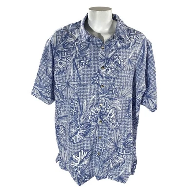 Van Heusen Hawaiian Aloha Shirt 2XL Floral Leaves Plumeria Tribal Blue White - Image 1 of 4