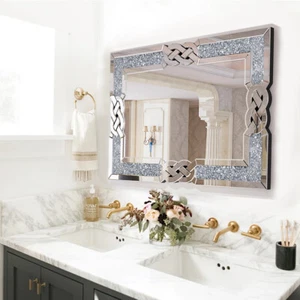 XXL Large Crystal Crush Diamond Mirror Vanity Silver Decorative Wall Hang Mirror - Picture 1 of 19