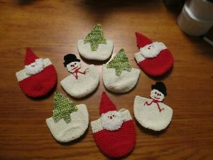 8 VINTAGE TIGHT HAND CROCHETED CHRISTMAS GLASS/BOTTLE COZIES~SANTA/TREE/SNOWMAN - Picture 1 of 9