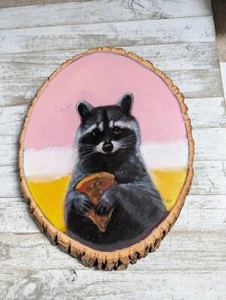 Adorable whimsical painting Raccoon w/Pizza on live edge wood slice Original Oil - Picture 1 of 11