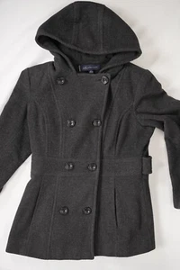 Anne Klein Peacoat Women Medium Black Wool Blend Hooded Double Breasted Coat - Picture 1 of 20