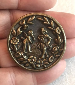 Vintage Antique Picture Button Cherub Puti And The Lute Player - Picture 1 of 5