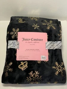 Juicy Couture Christmas Black-Gold Snowflake & Logo Plush Throw Blanket 50x70 - Picture 1 of 3