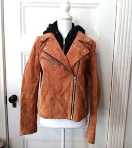 7 For All Mankind Suede Leather Moto Jacket Removeable Hood Size L Brown Black - Picture 1 of 9