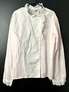 Vintage 1980s NEW BER ONE Pink Lace Ruffle Blouse Asymmetrical Pearl Button XL - Picture 1 of 9