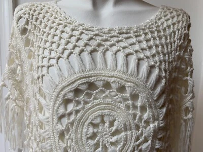 Granny Square Small Festival Knit Pullover Sweater Shirt Cream White Hippy Boho  - Image 1 of 4