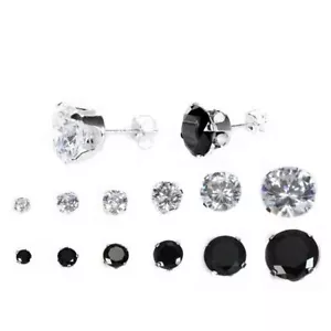 Sterling Silver Clear & Black Round Crystal Cubic Zirconia CZ Stud Earrings - Picture 1 of 48