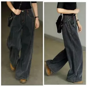 Lady Denim Pants Trousers Loose Straight Wide Leg Jeans Bottom Casual Retro Grey - Picture 1 of 11