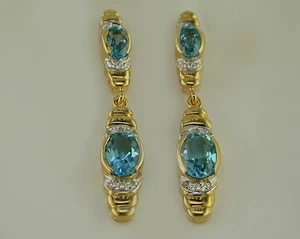 18 KT GOLD OVER STERLING SILVER BLUE TOPAZ & DIAMOND EARRINGS - Picture 1 of 1
